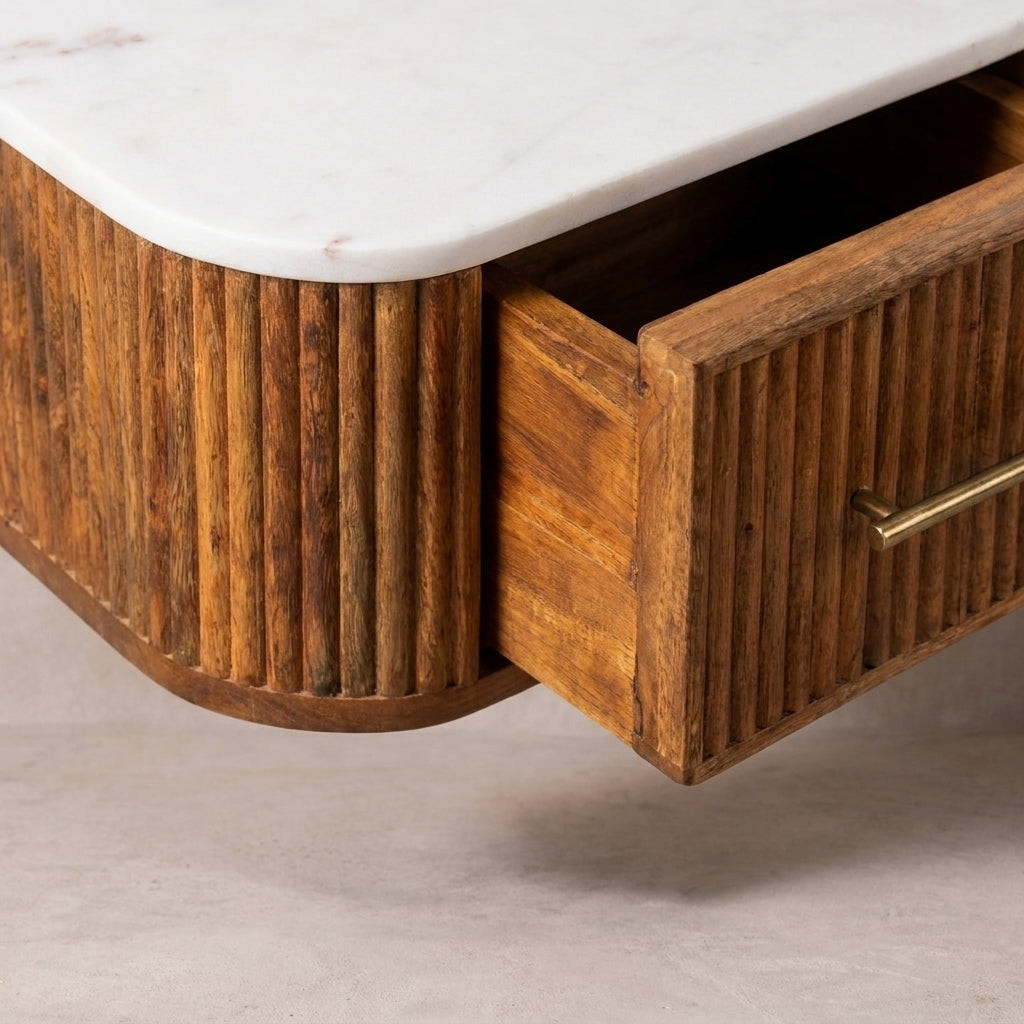 Golden Teak Solid Wood Marble Top Floating Nightstand