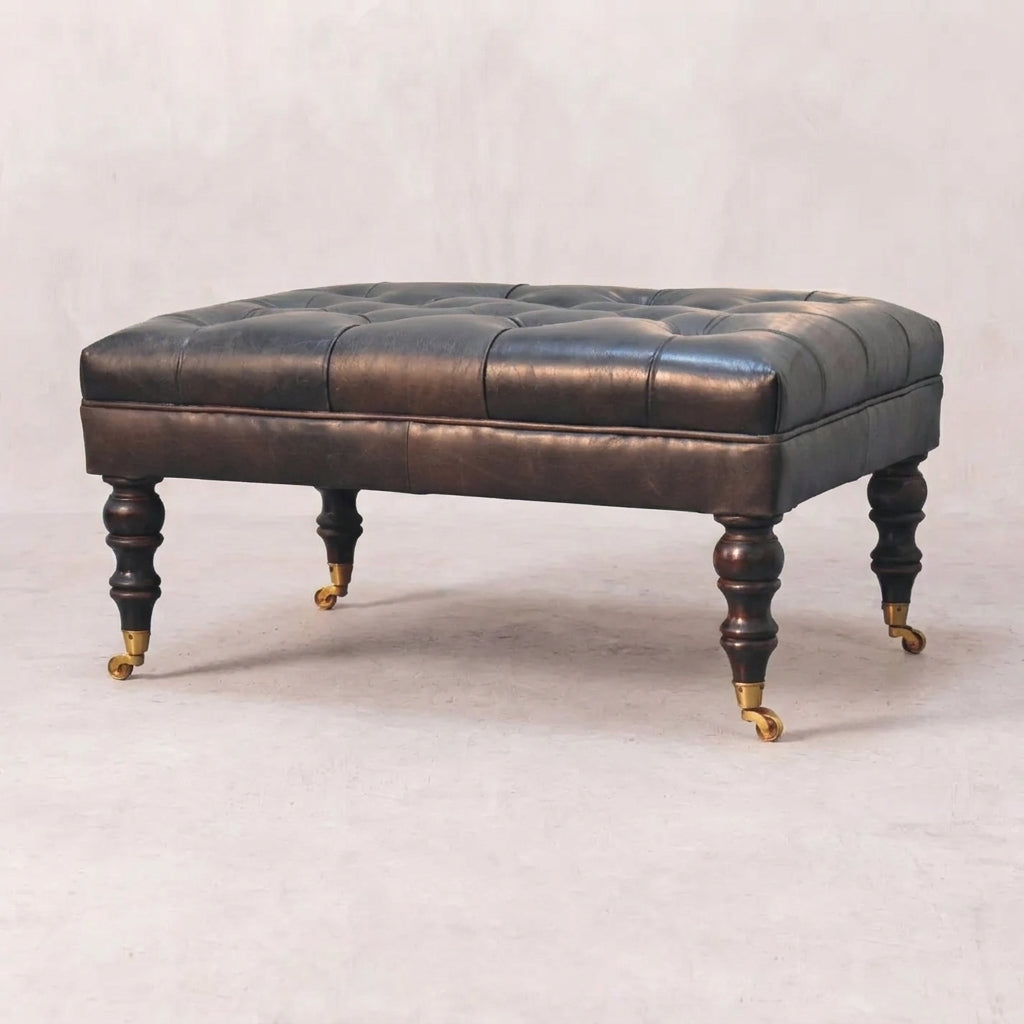 Walnut Solid Wood Black Leather Ottoman with Castor Legs