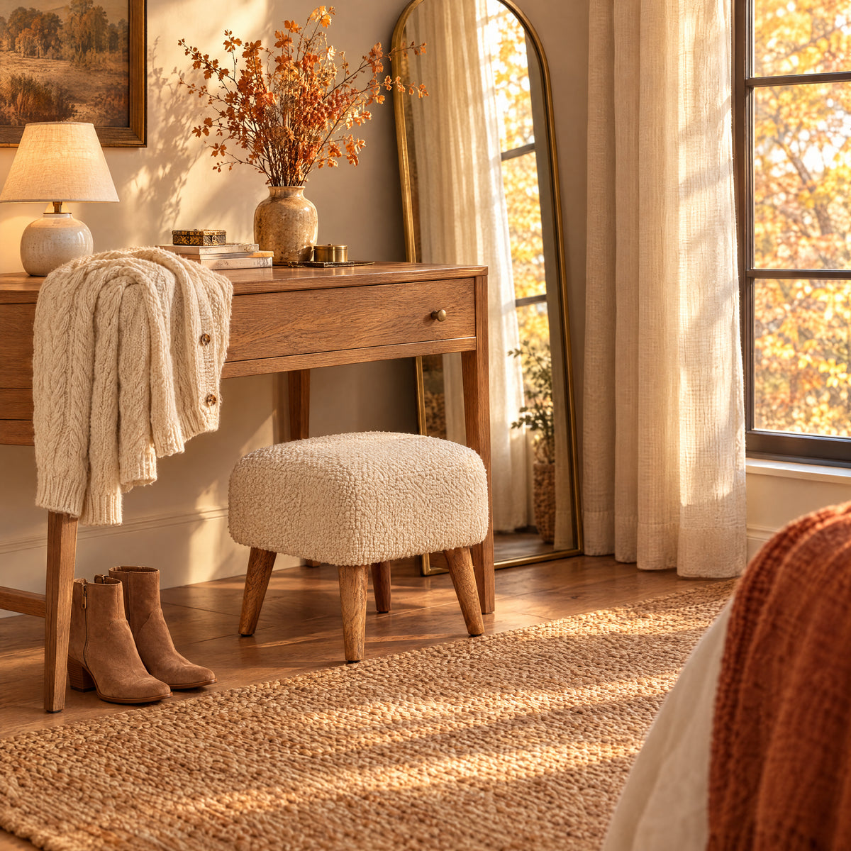Cream Bouclé Square Footstool with Solid Wood Legs