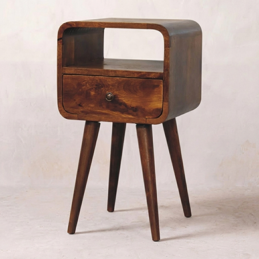 Mini Chestnut Curved Nightstand — Solid Mango Wood Bedside Table with Drawer & Open Shelf