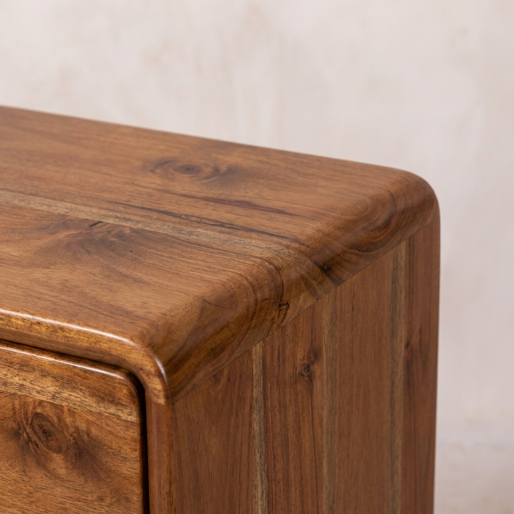 Mini Chestnut Curved Nightstand — Solid Mango Wood Bedside Table with Drawer & Open Shelf
