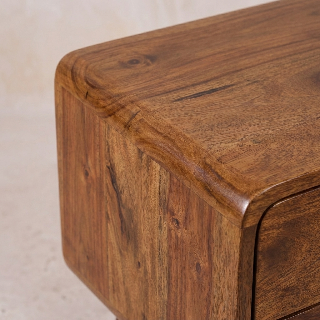 Mini Chestnut Curved Nightstand — Solid Mango Wood Bedside Table with Drawer & Open Shelf