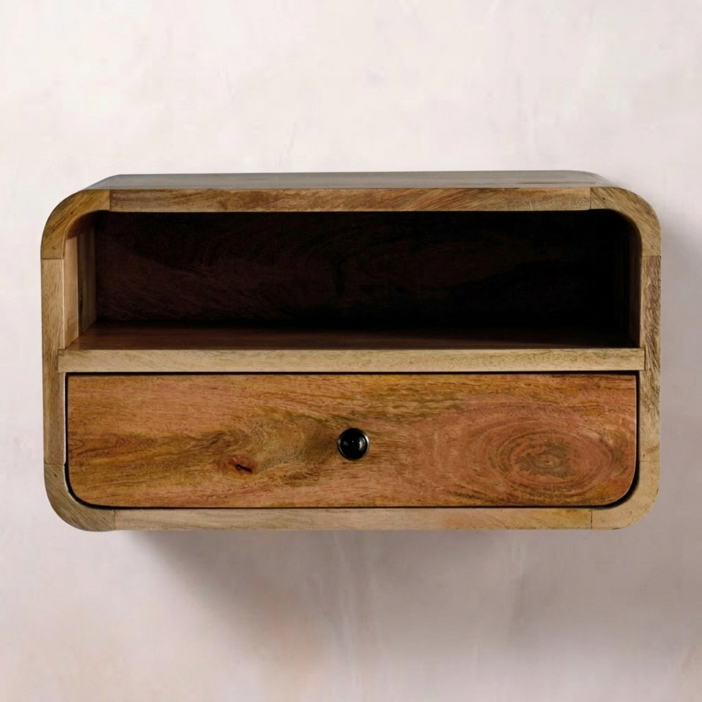 Large Floating Nightstand — Solid Mango Wood, Oak-ish Finish
