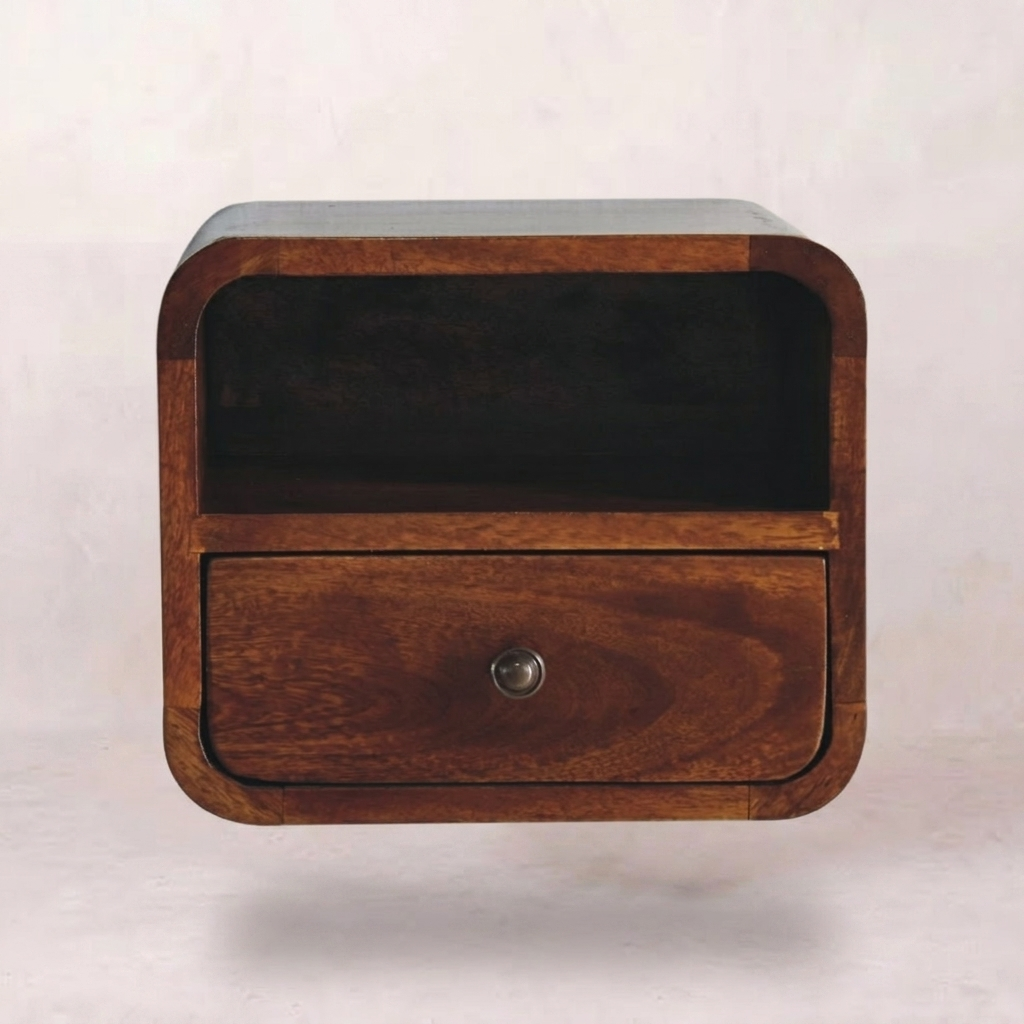 Extra Mini Wall Mounted Curved Chestnut Bedside with Open Slot