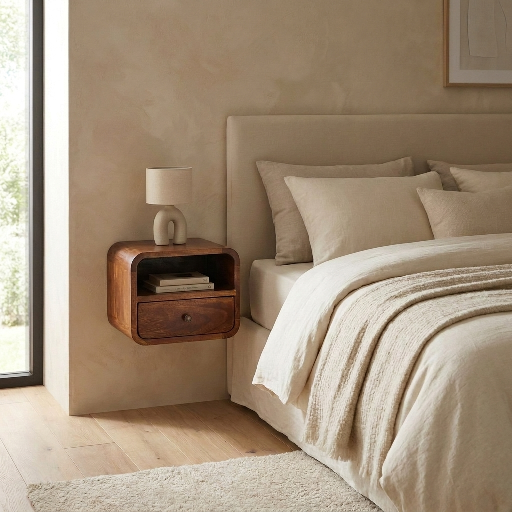 Extra Mini Wall Mounted Curved Chestnut Bedside with Open Slot