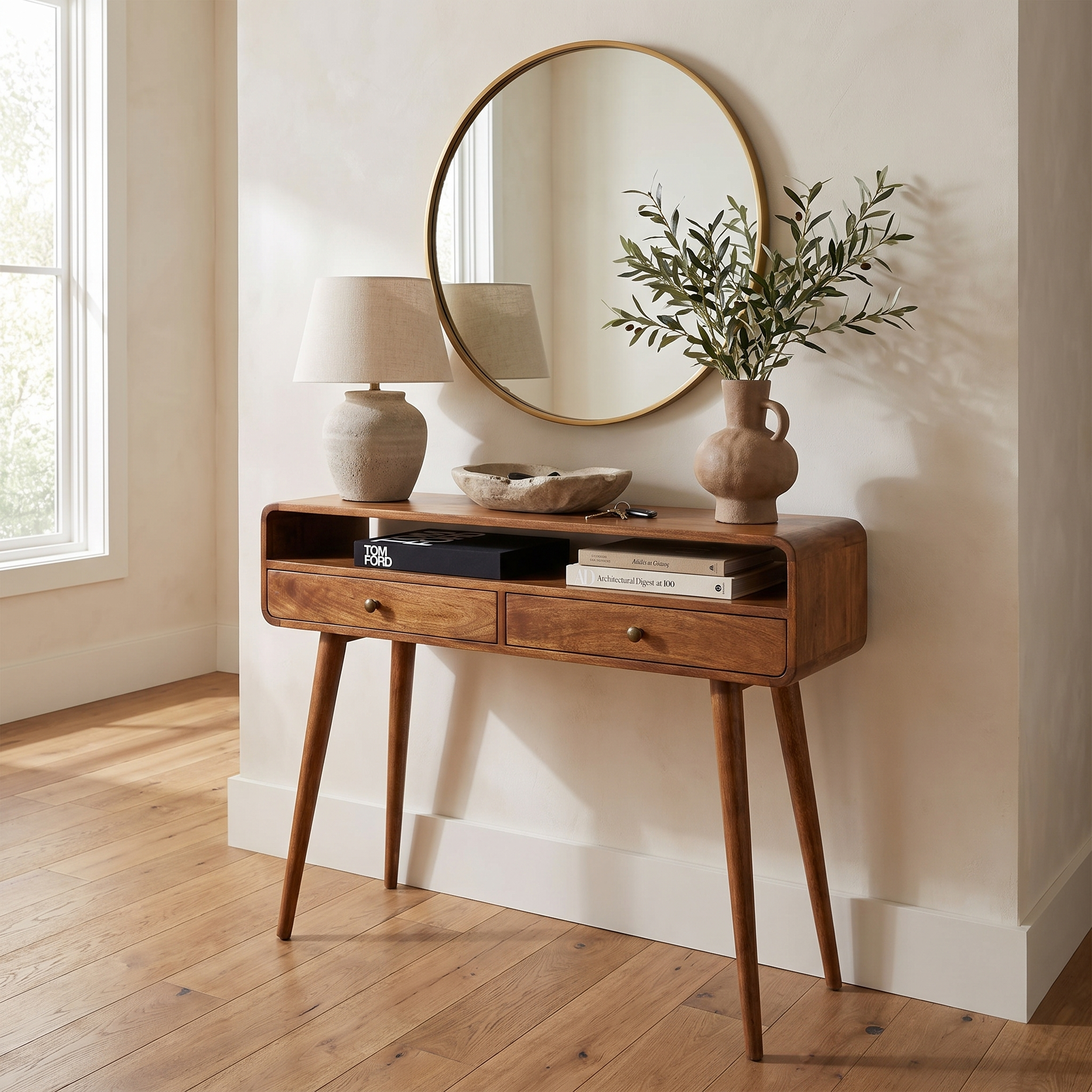 Curved Honey Caramel Console Table