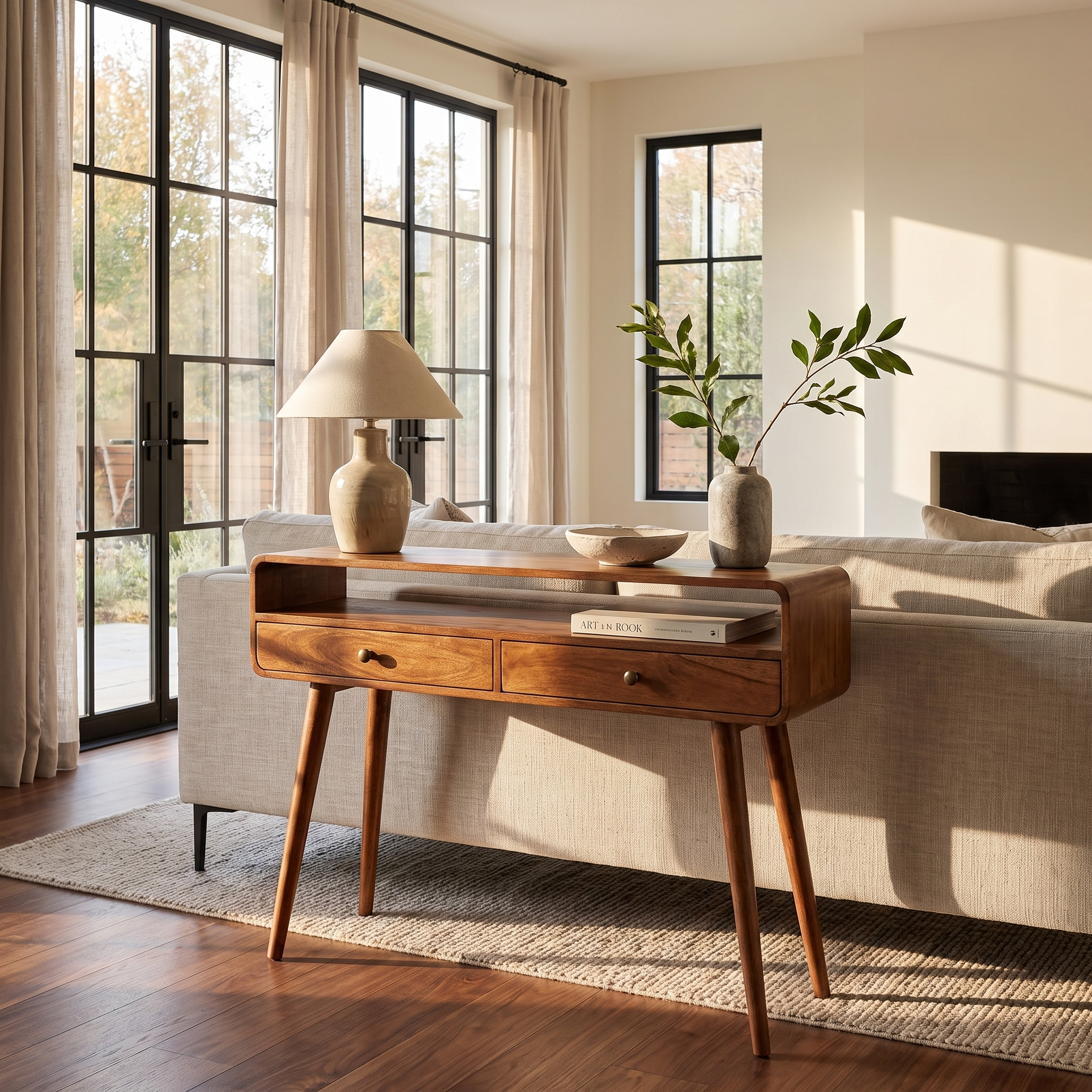 Curved Honey Caramel Console Table