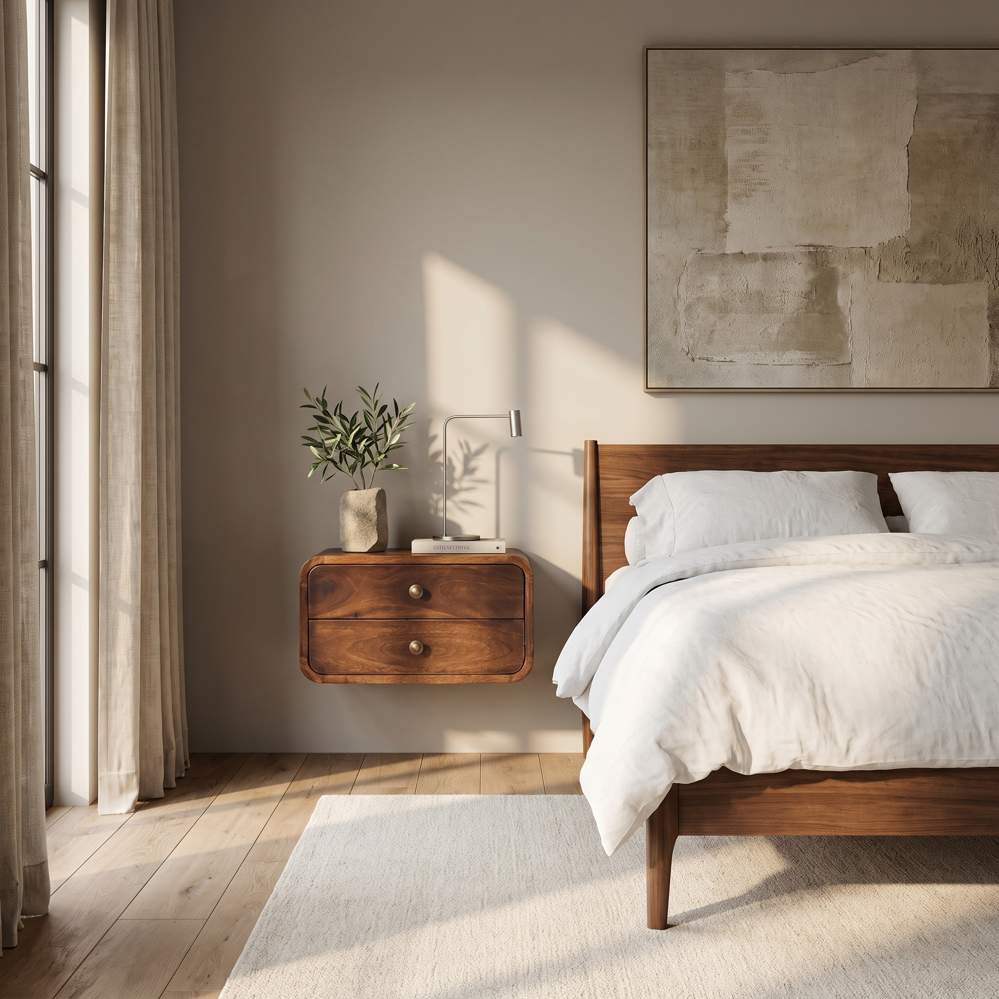 Curved California Walnut Wall Mounted Bedside