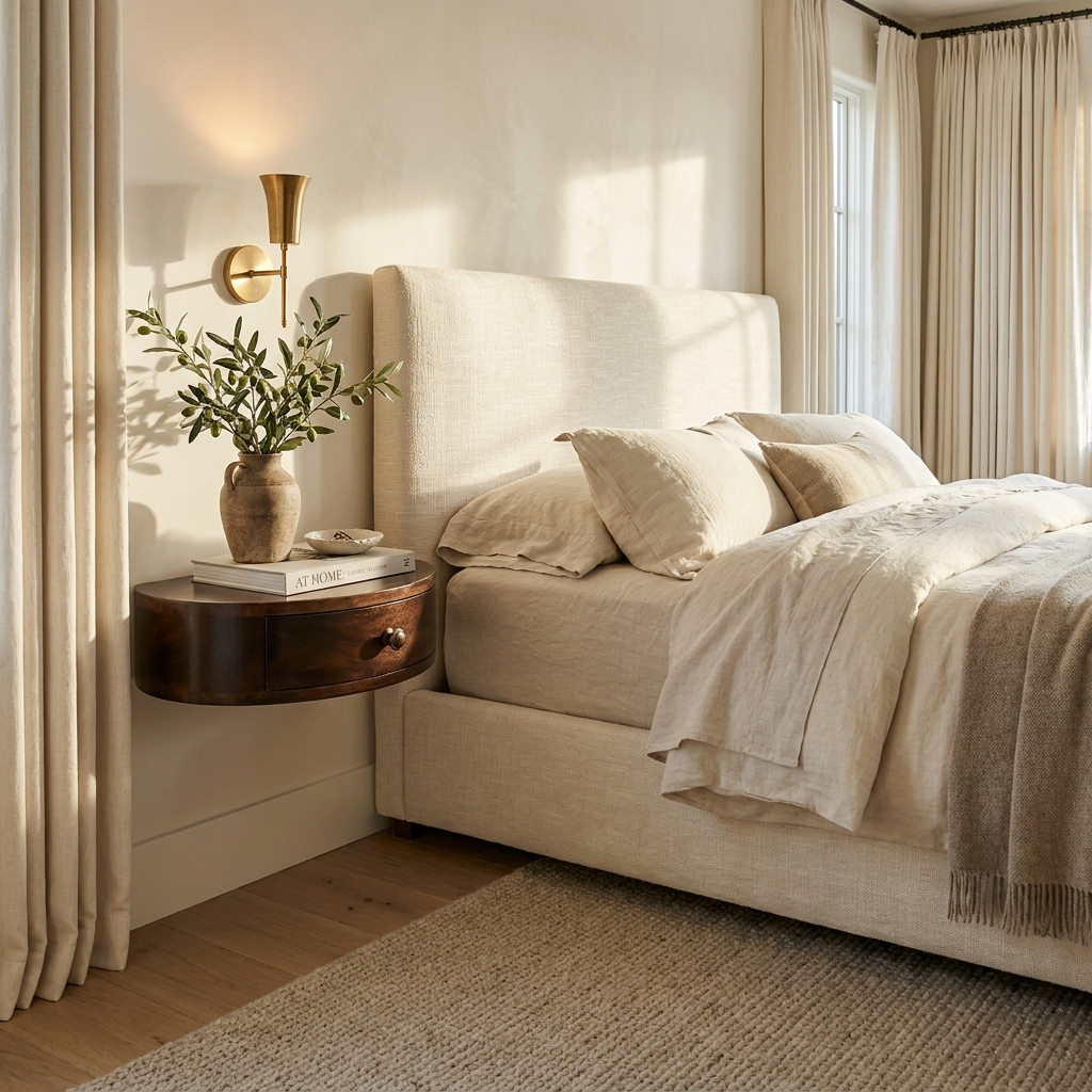 California Walnut Wall Mounted Rounded Bedside