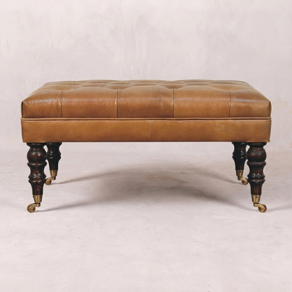 California Walnut Buffalo Brown Leather Ottoman with Castor Legs