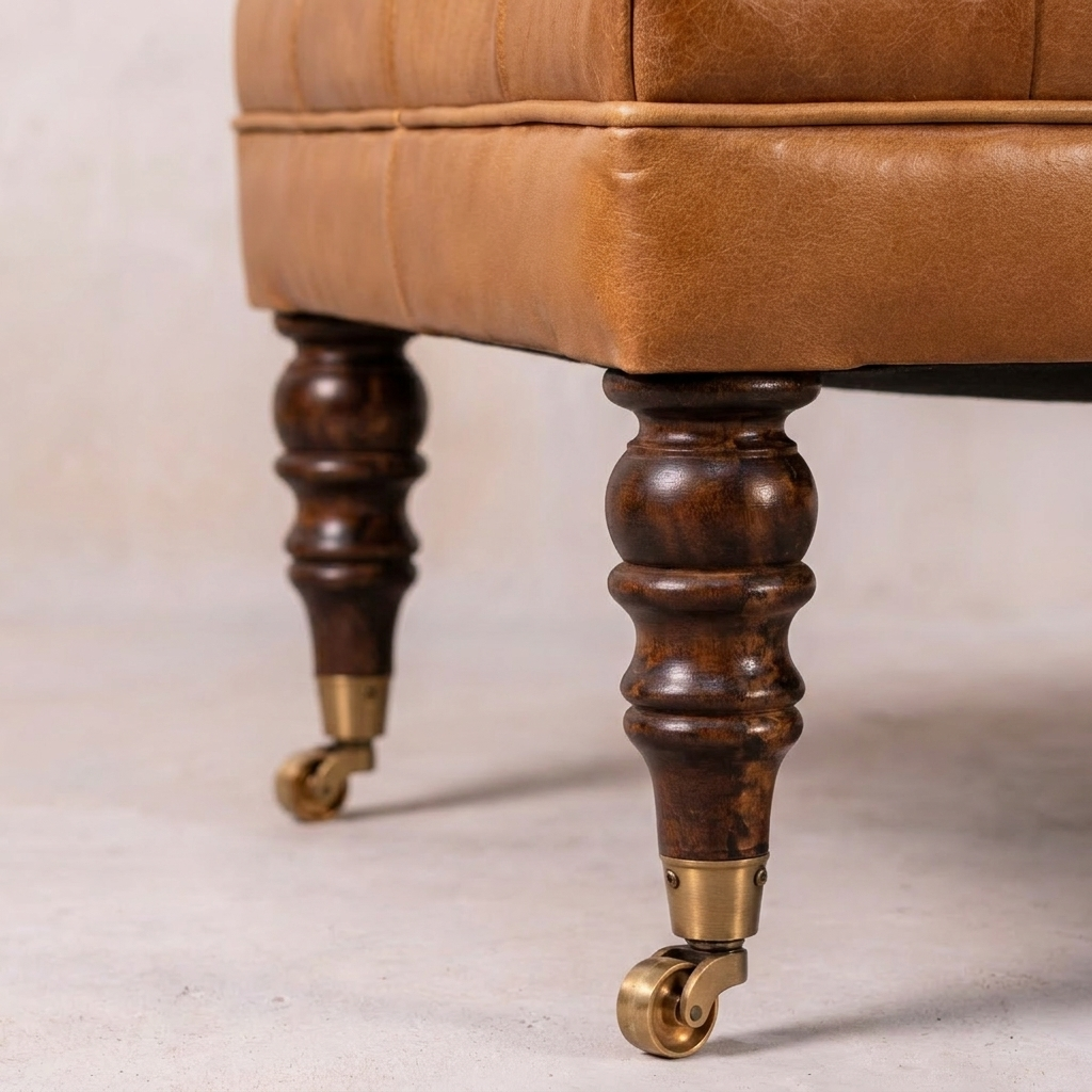 California Walnut Buffalo Brown Leather Ottoman with Castor Legs