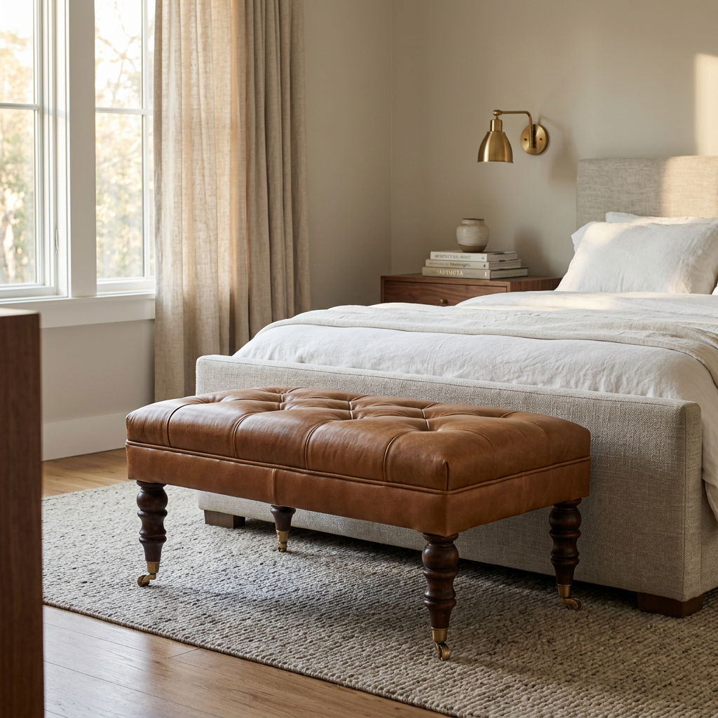 California Walnut Buffalo Brown Leather Ottoman with Castor Legs