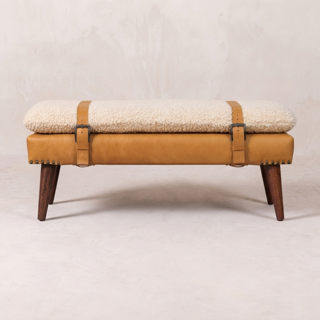 Boucle x Tan Leather Bench