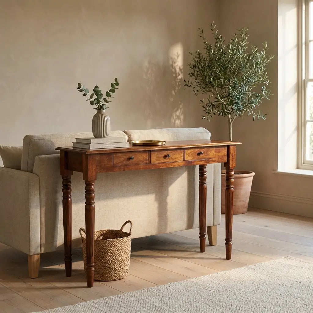 Chestnut Solid Wood Turned Legs 3 Drawer Console