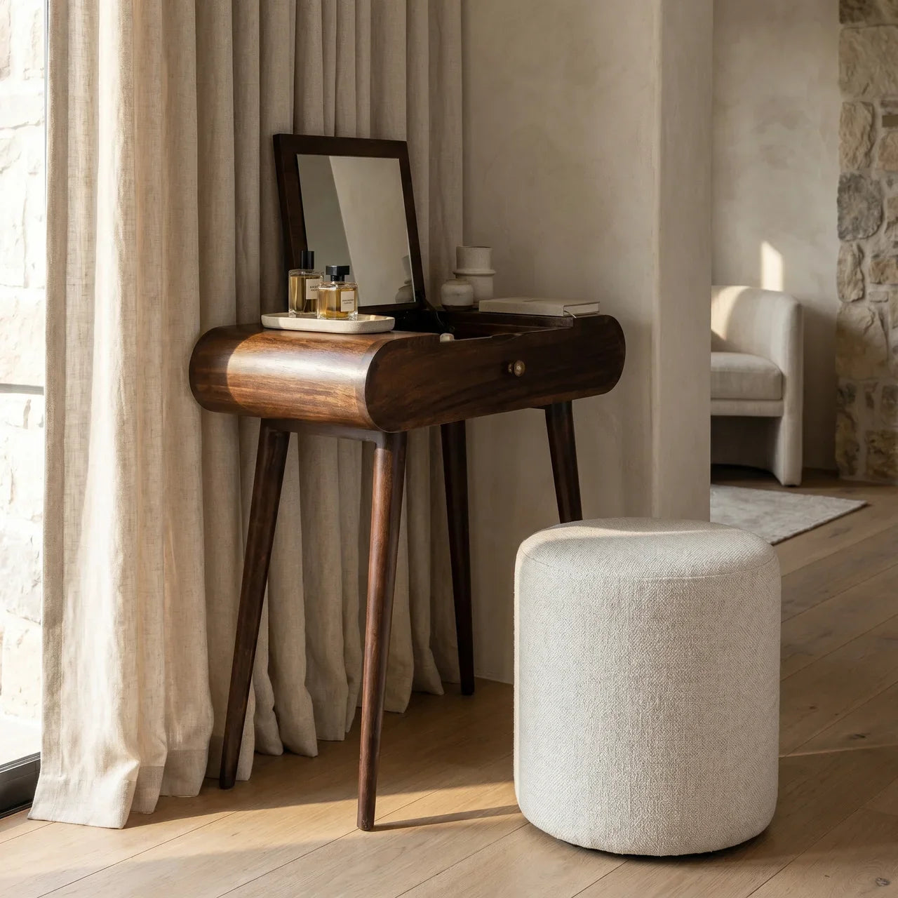 Mini California Walnut Dressing Table with Foldable Mirror