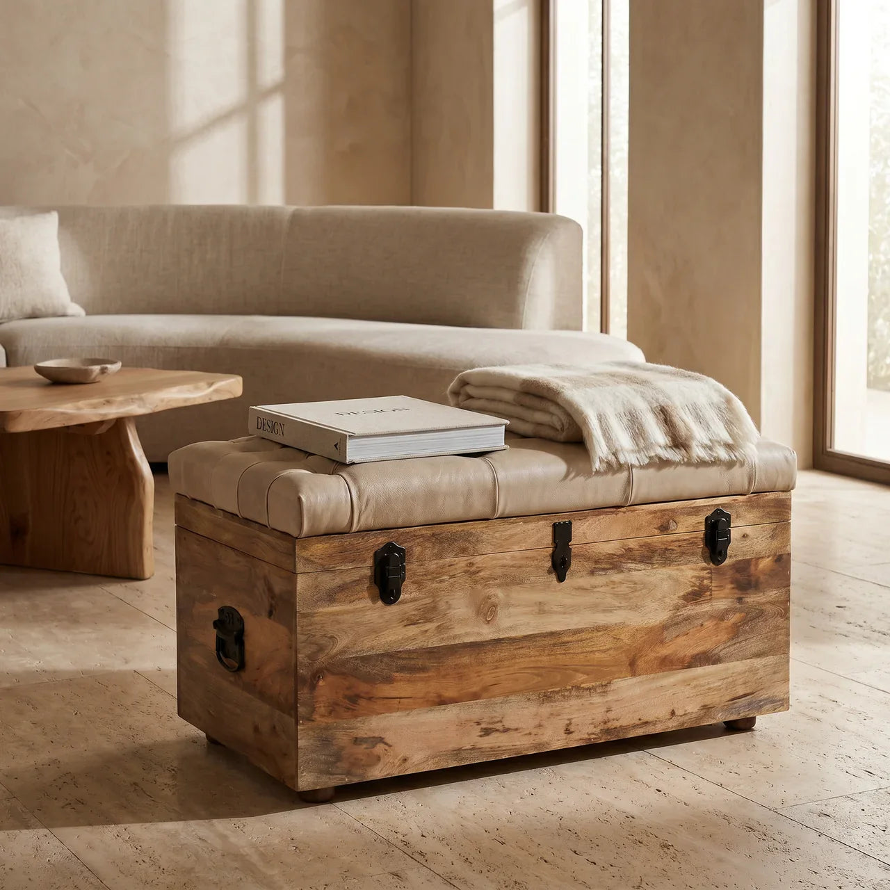 Beige Buffalo Leather Storage Trunk in Solid Mango Wood