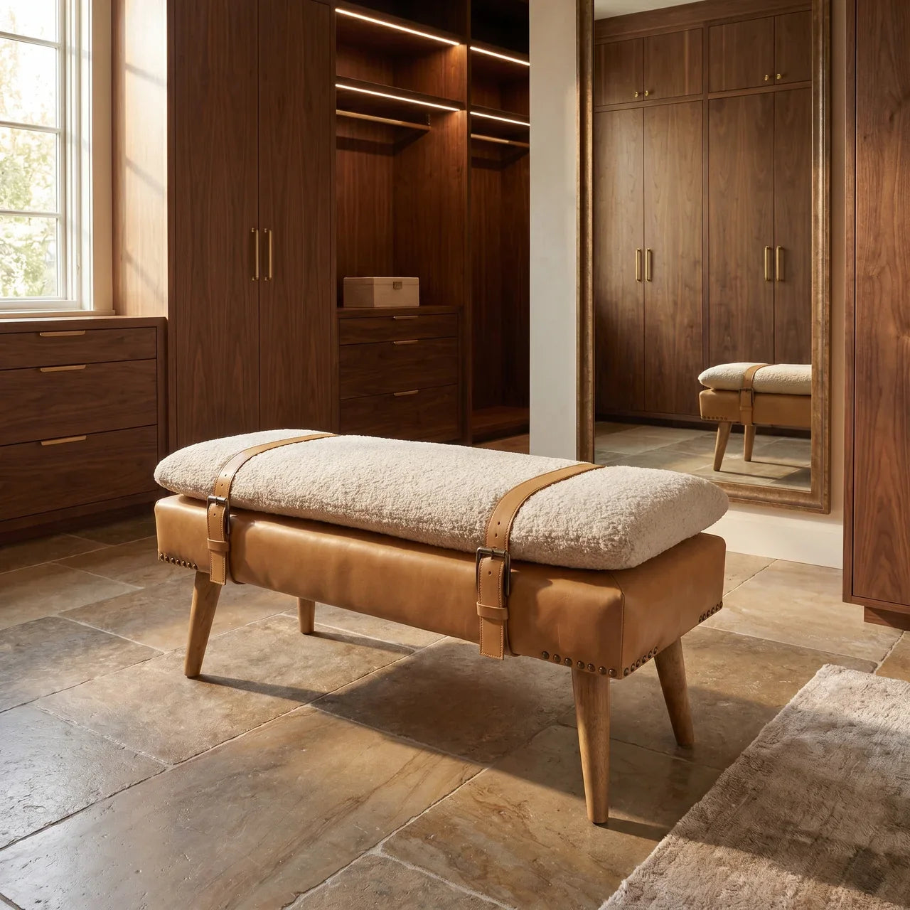 Bouclé Buffalo Hide Tan Leather Bench