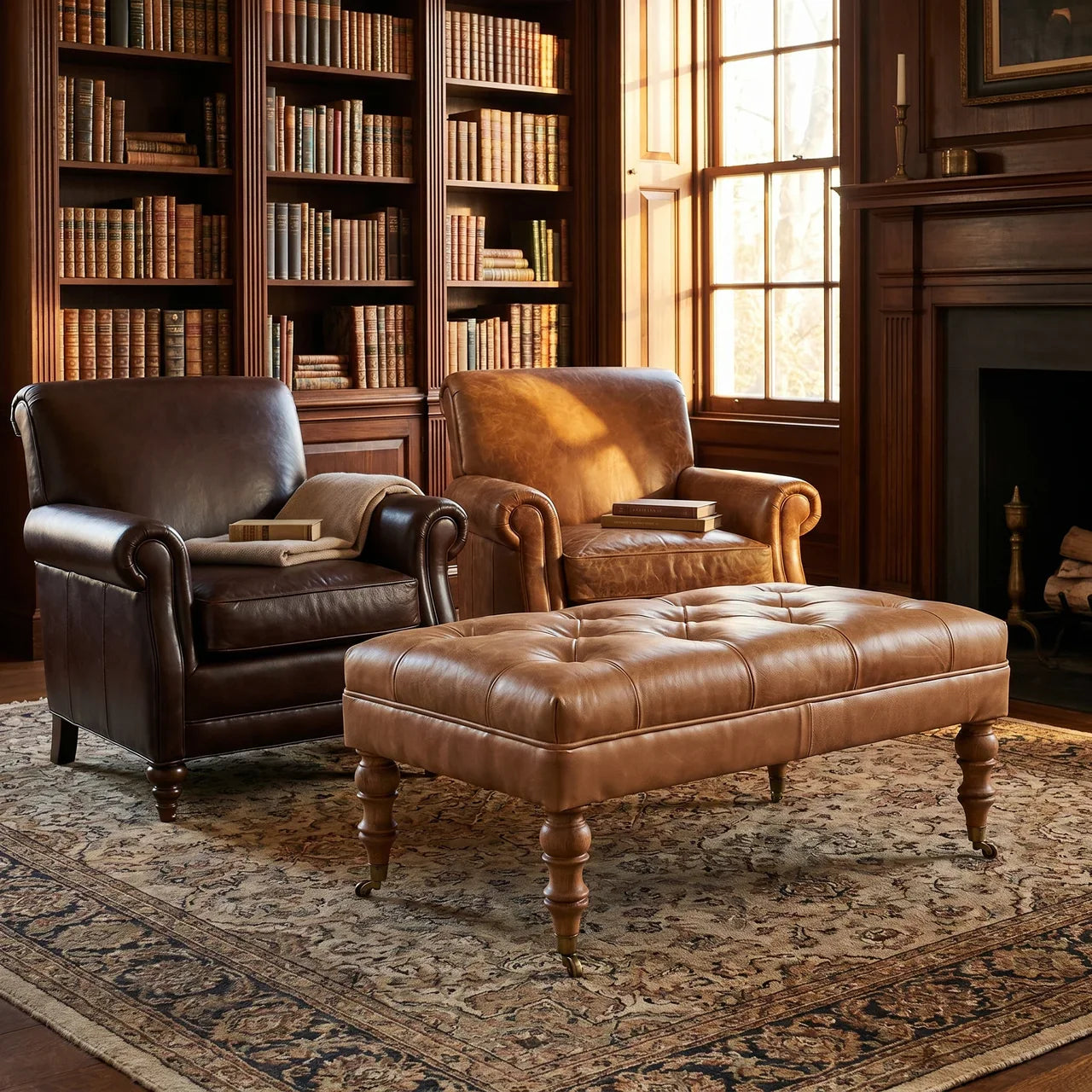 Tan Buffalo Leather Ottoman with Castor Legs — Solid Mango Wood