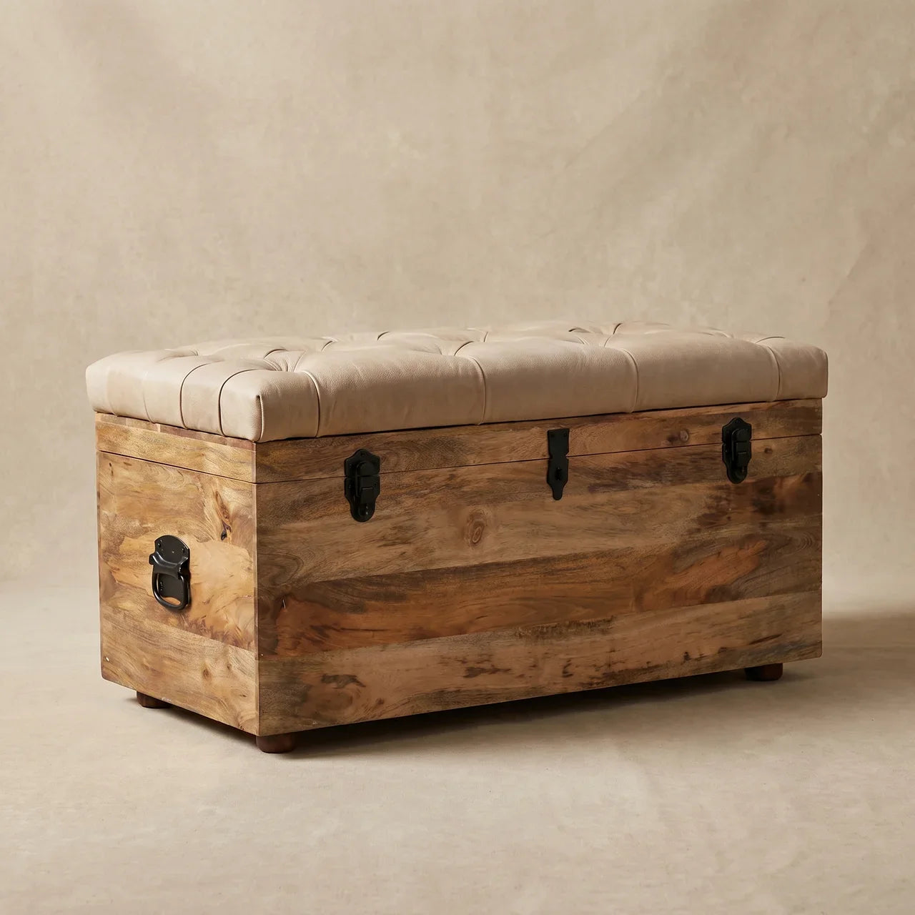 Beige Buffalo Leather Storage Trunk in Solid Mango Wood