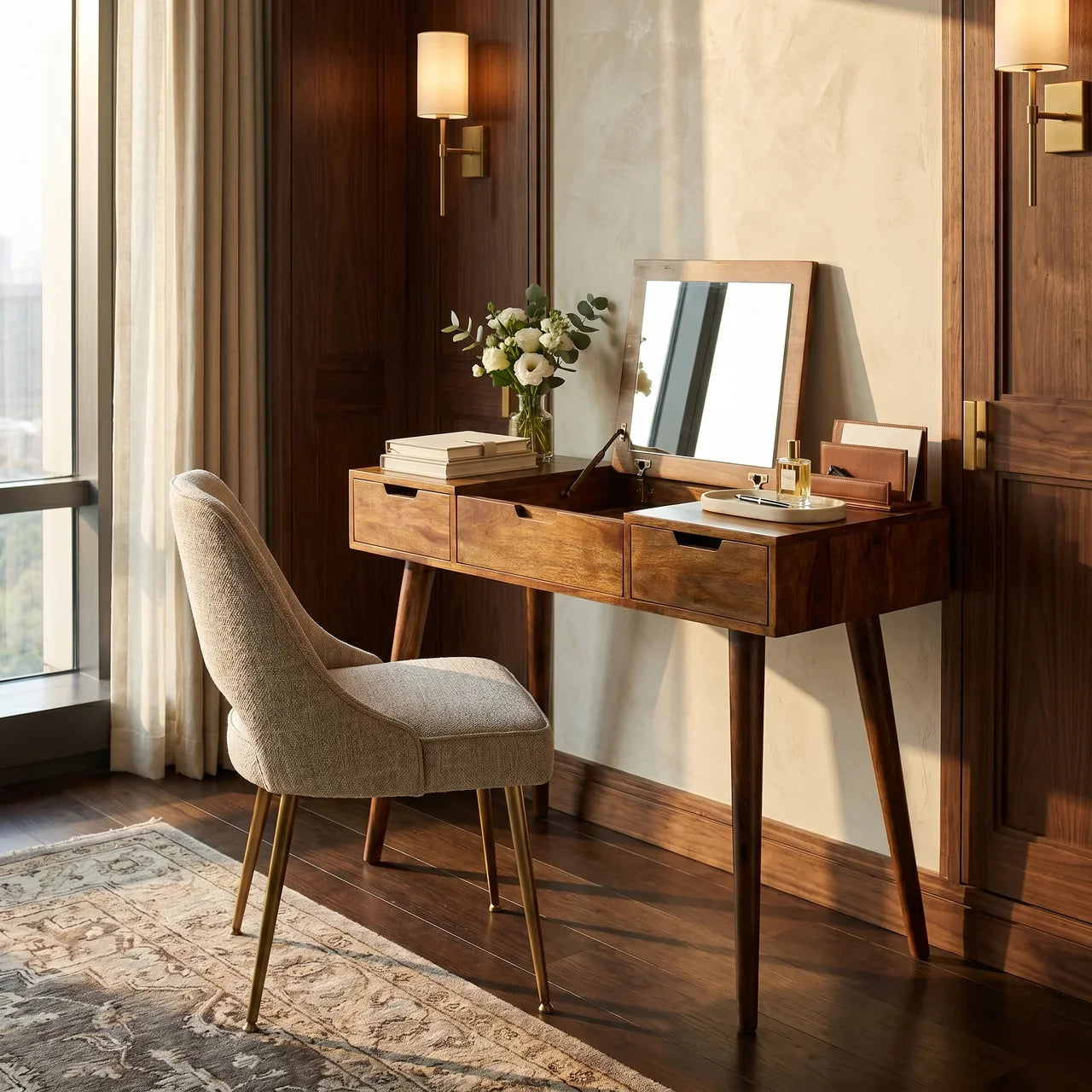 Chestnut Foldable Mirror Table