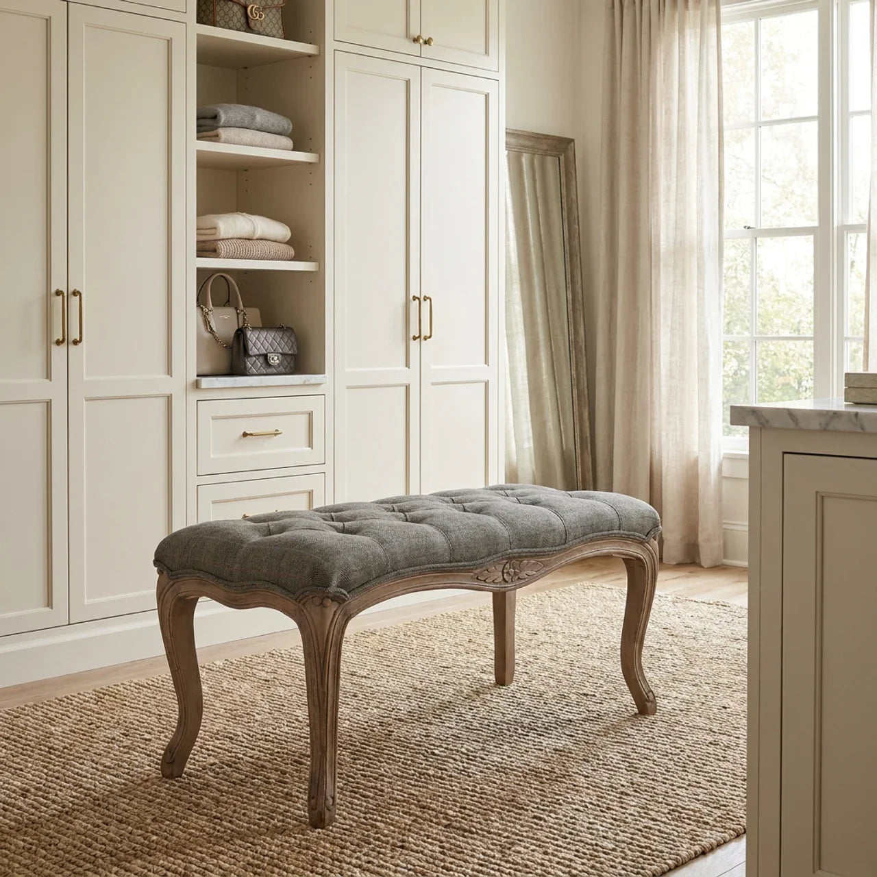 Multi Tweed Carved Bedroom Bench
