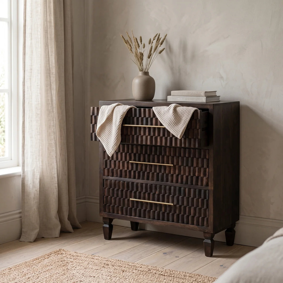 Solid Wood Velvet Mocha Carved Drawer Chest