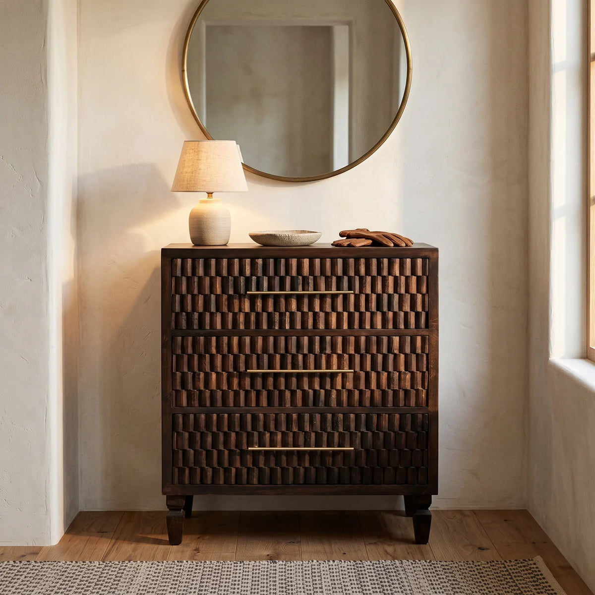 Solid Wood Velvet Mocha Carved Drawer Chest