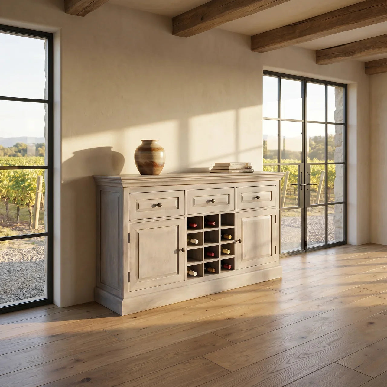 Wooden sideboard with wine bottles in a room with large windows overlooking a vineyard.