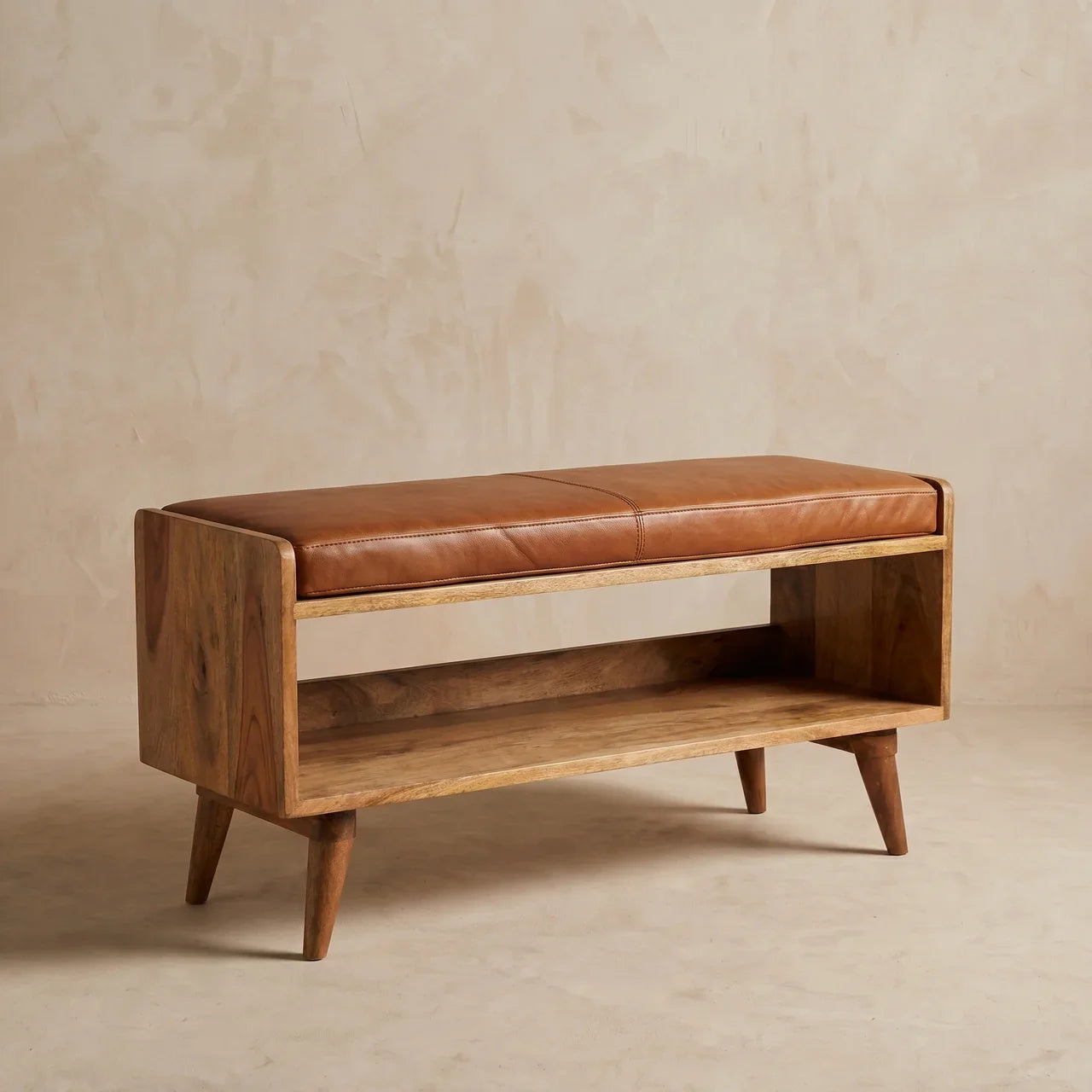 Oak-ish Bench with Tan Leather Seatpad