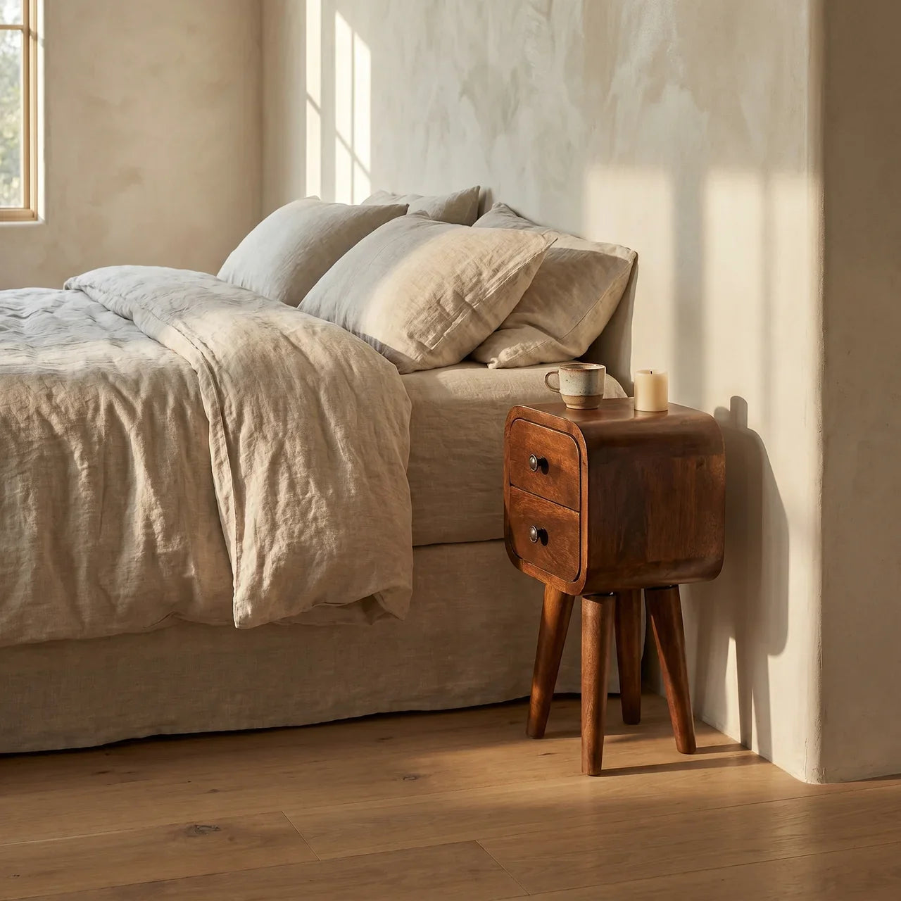 Extra Mini Curved Chestnut Mango Wood Bedside Table