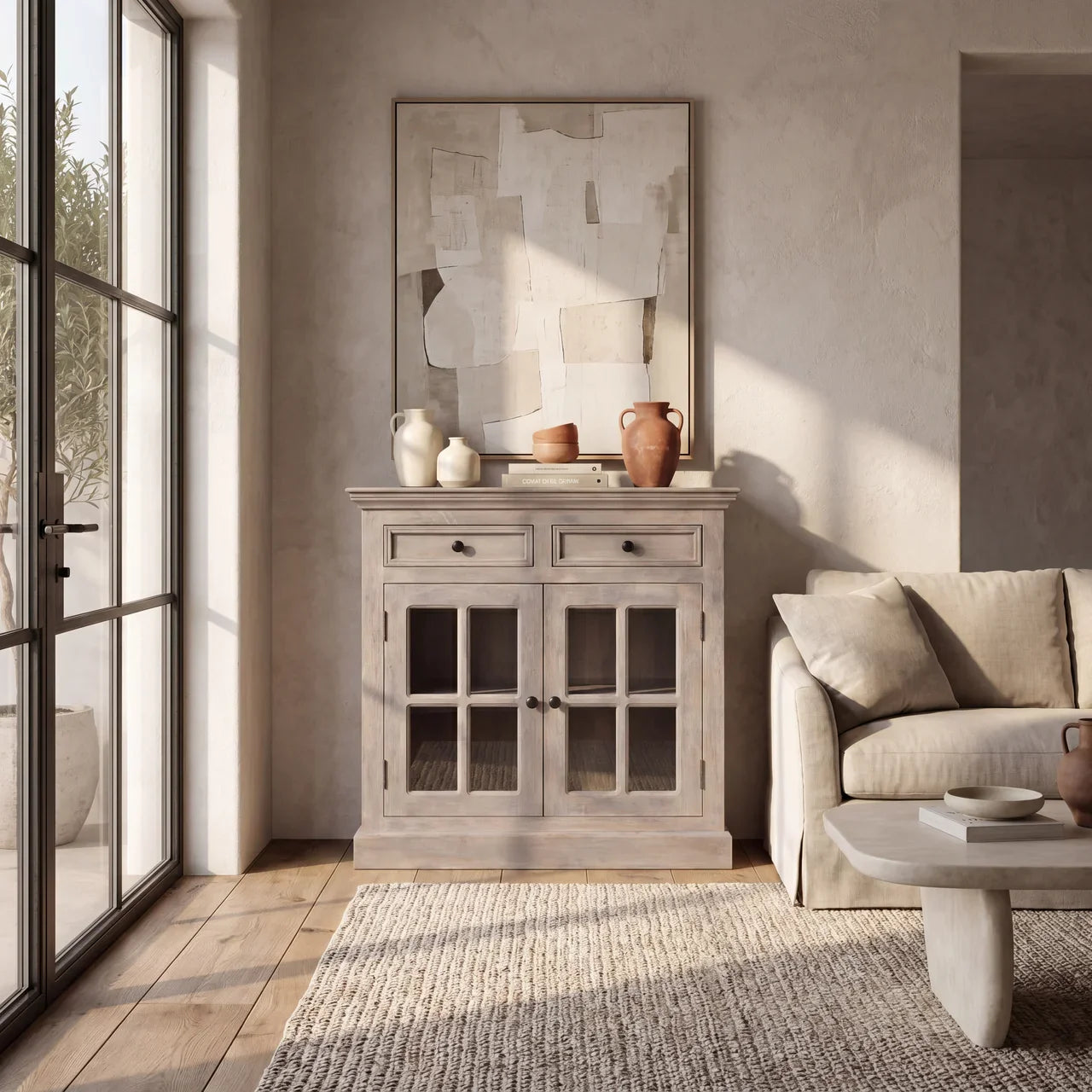 Stone Finish Cabinet with Glazed Doors