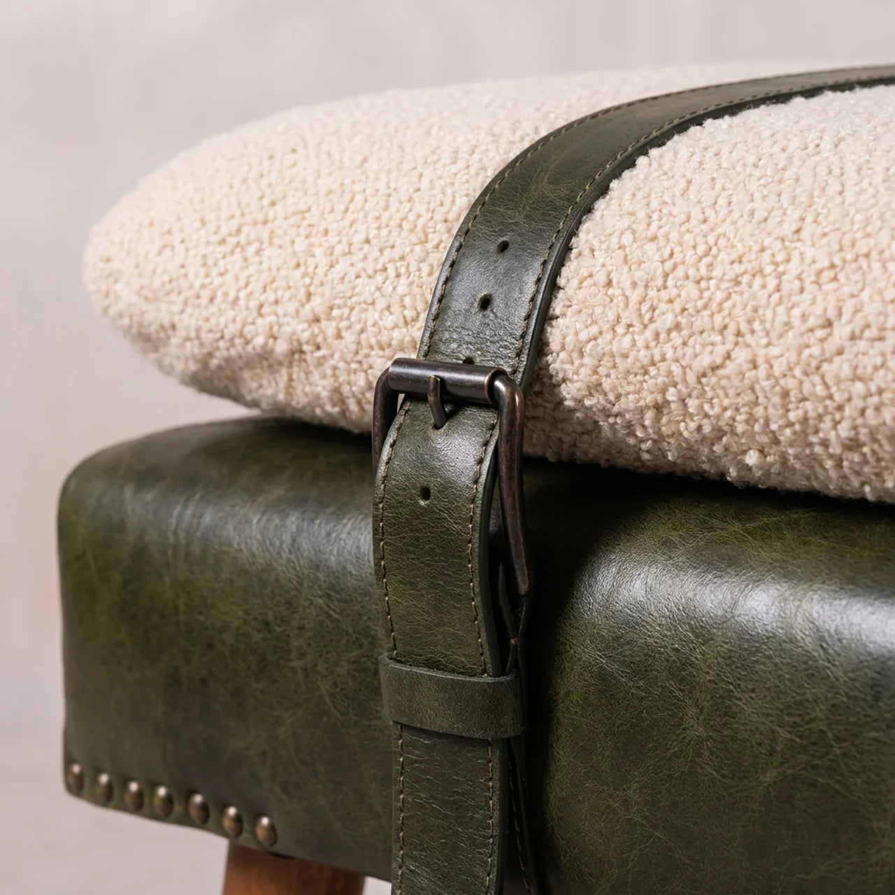 Bouclé Buffalo Hide Olive Green Leather Bench