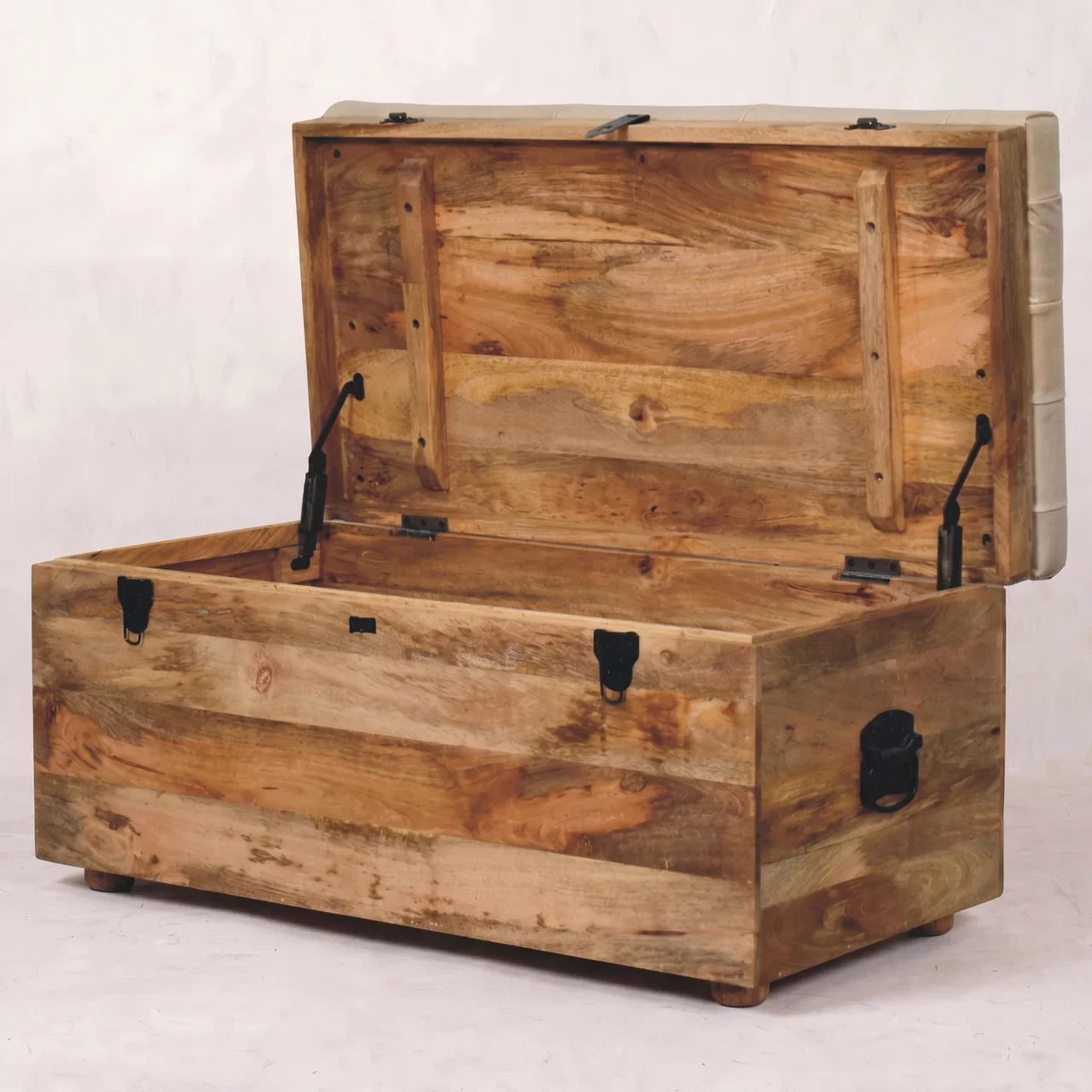 Beige Buffalo Leather Storage Trunk in Solid Mango Wood