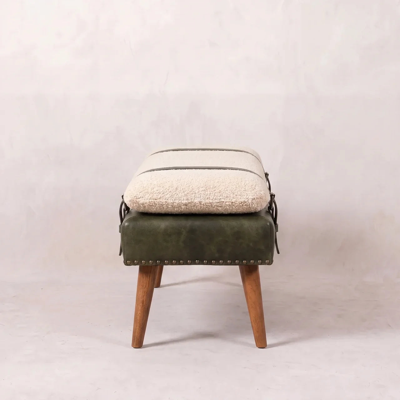 Bouclé Buffalo Hide Olive Green Leather Bench