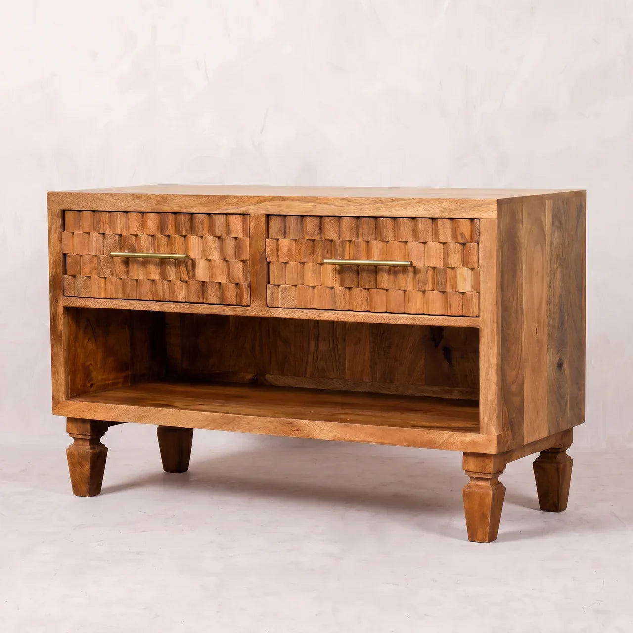 Solid Wood Golden Teak Carved Entryway Shoe Cabinet