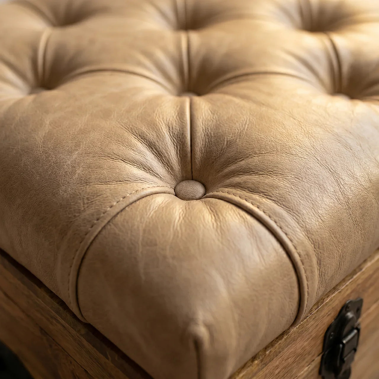 Beige Buffalo Leather Storage Trunk in Solid Mango Wood