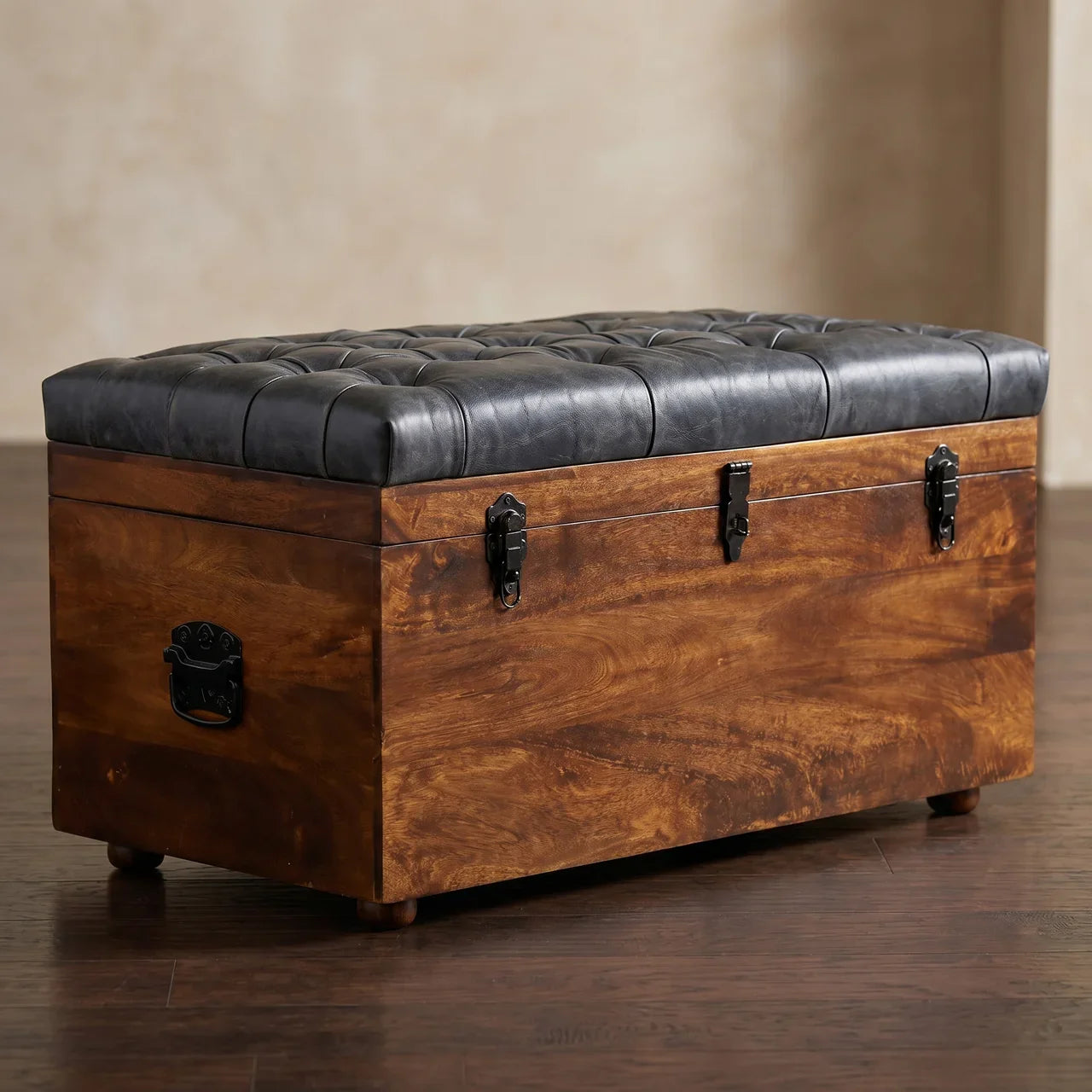 Black Buffalo hide leather Storage Trunk