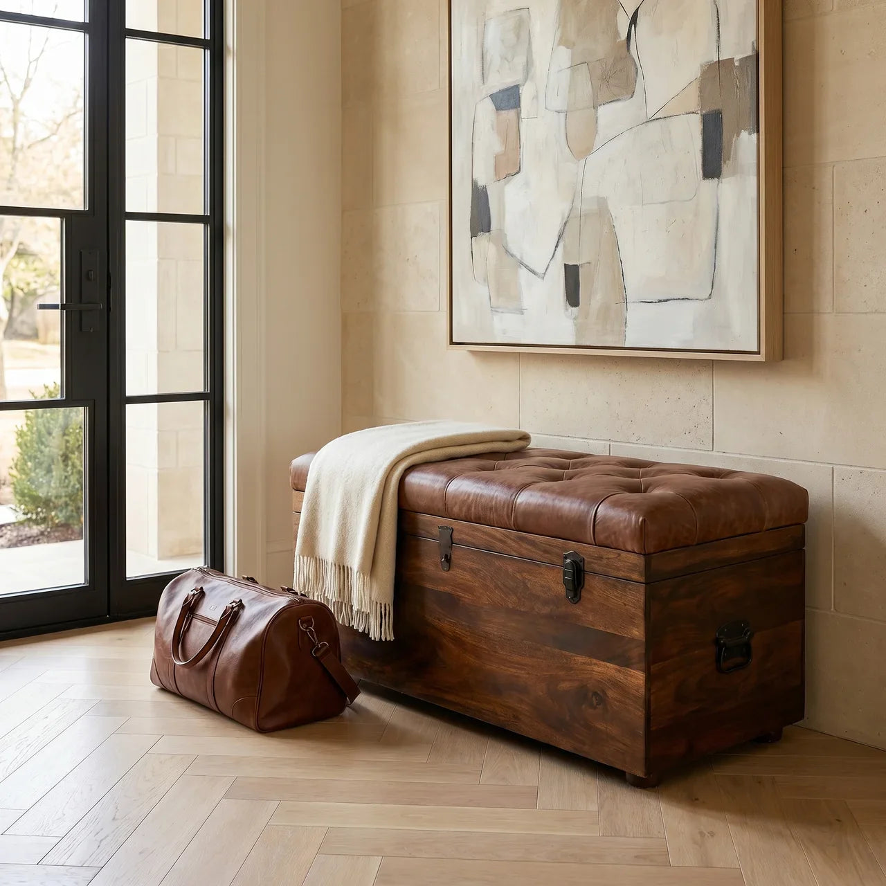 Brown Buffalo hide leather Storage Trunk