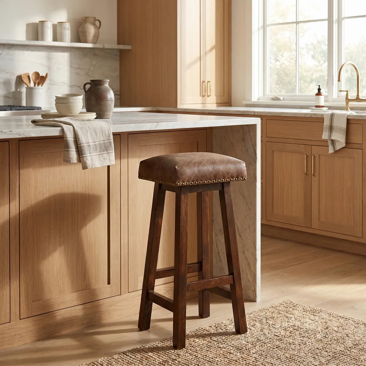 Buffalo Brass Leather Bar Stool