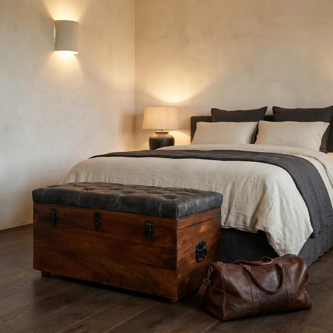 Black Buffalo hide leather Storage Trunk