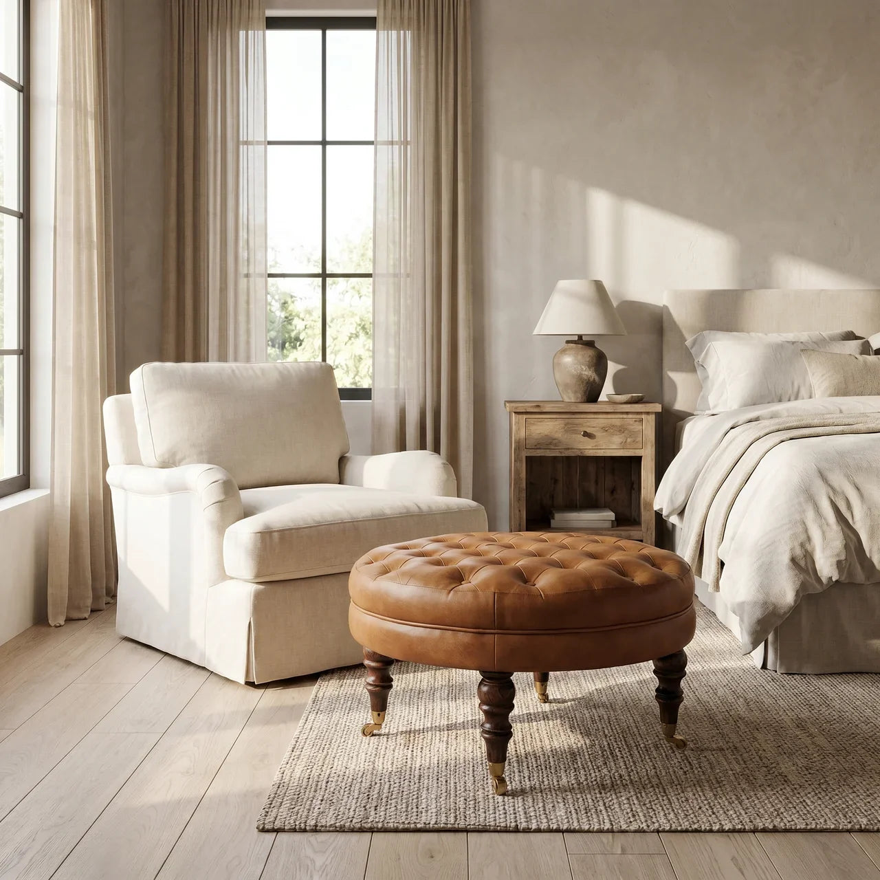 Brown Buffalo Leather Round Ottoman with Castor Legs