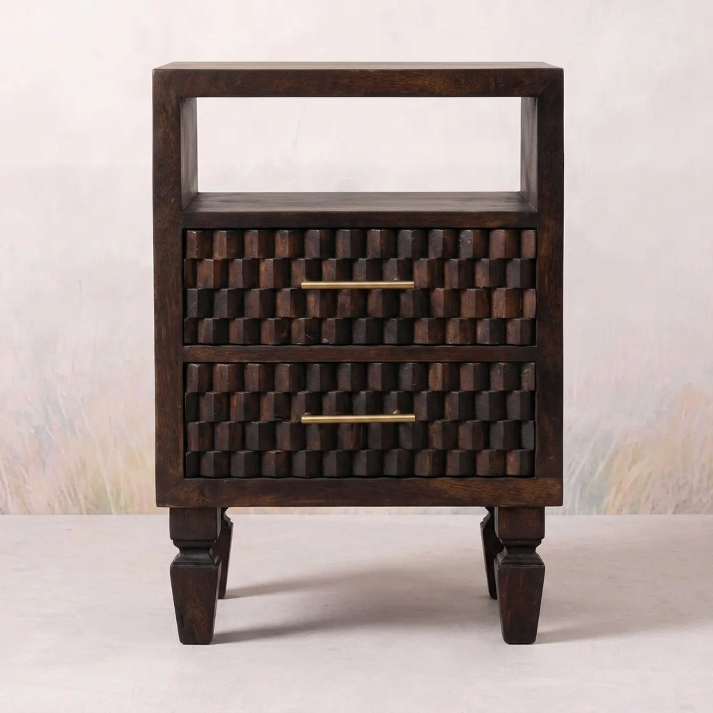 Solid Wood Velvet Mocha Carved Bedside Table