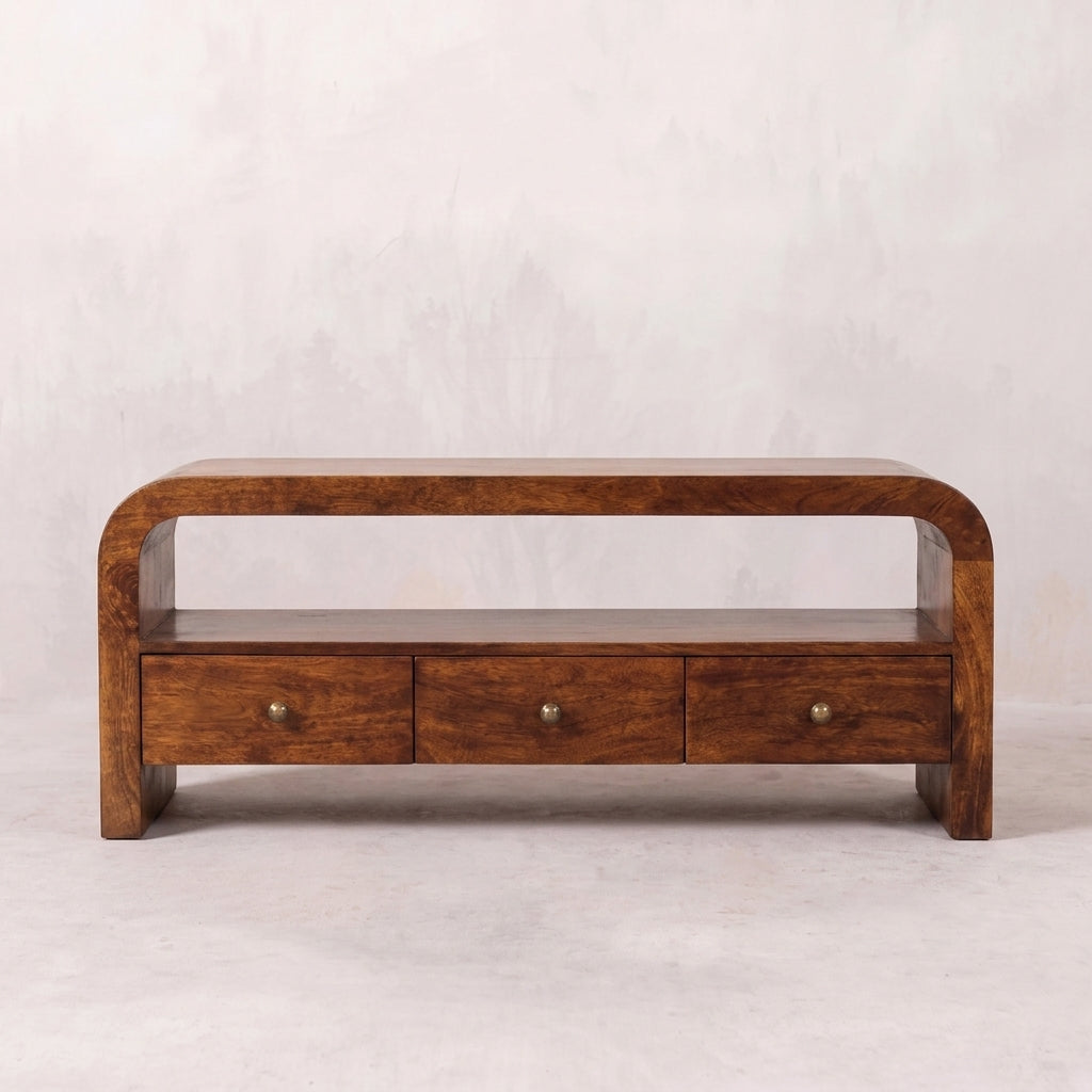 Solid Wood 3 drawer Open Shelf Chestnut Media unit