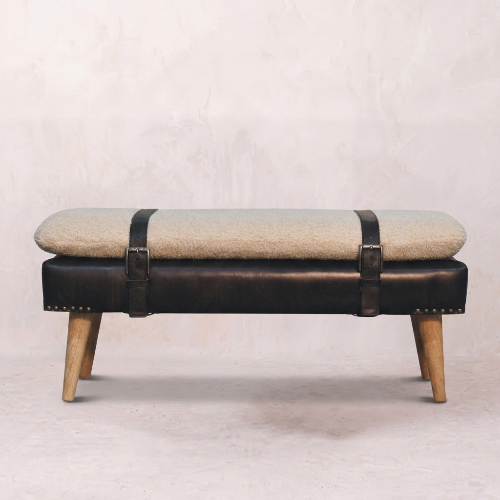 Bouclé Buffalo Hide Black Leather Bench