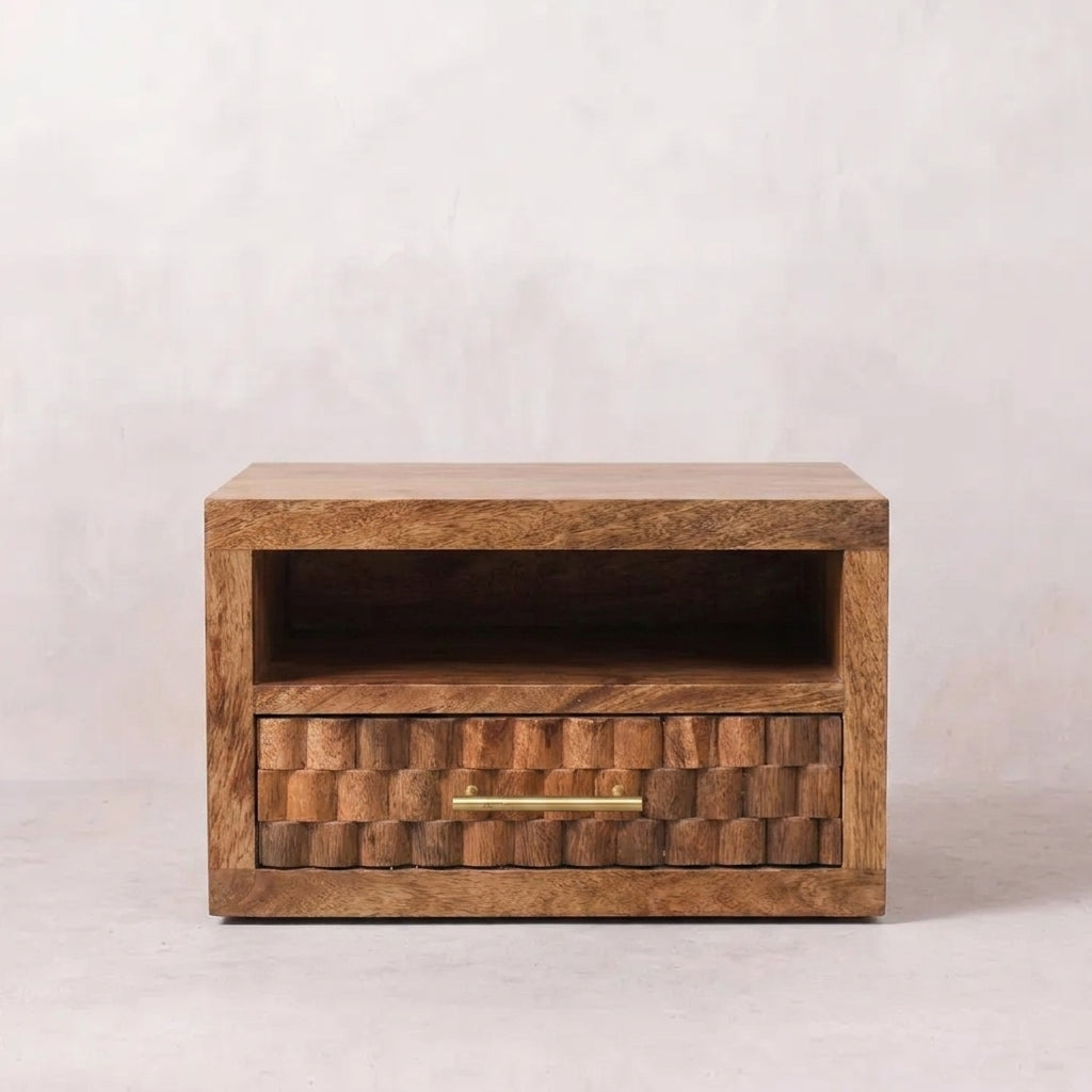 Solid Wood Golden Teak Carved Slot-Drawer Bedside