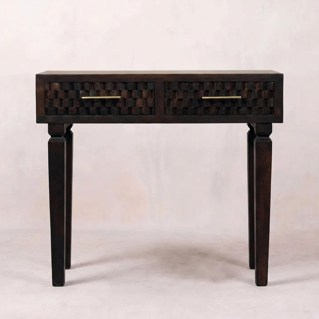 Solid Wood Velvet Mocha Carved Slim Console