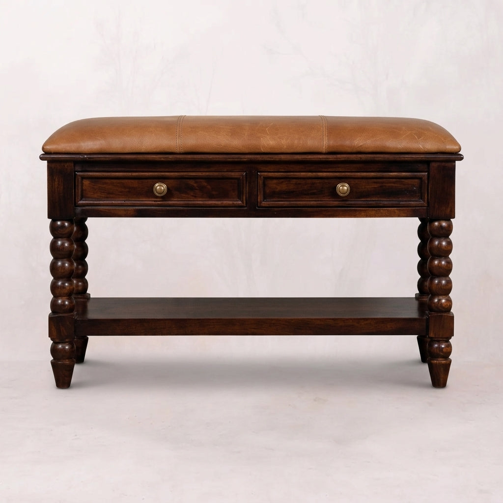 Solid Wood Winewood Oak Leather Bench