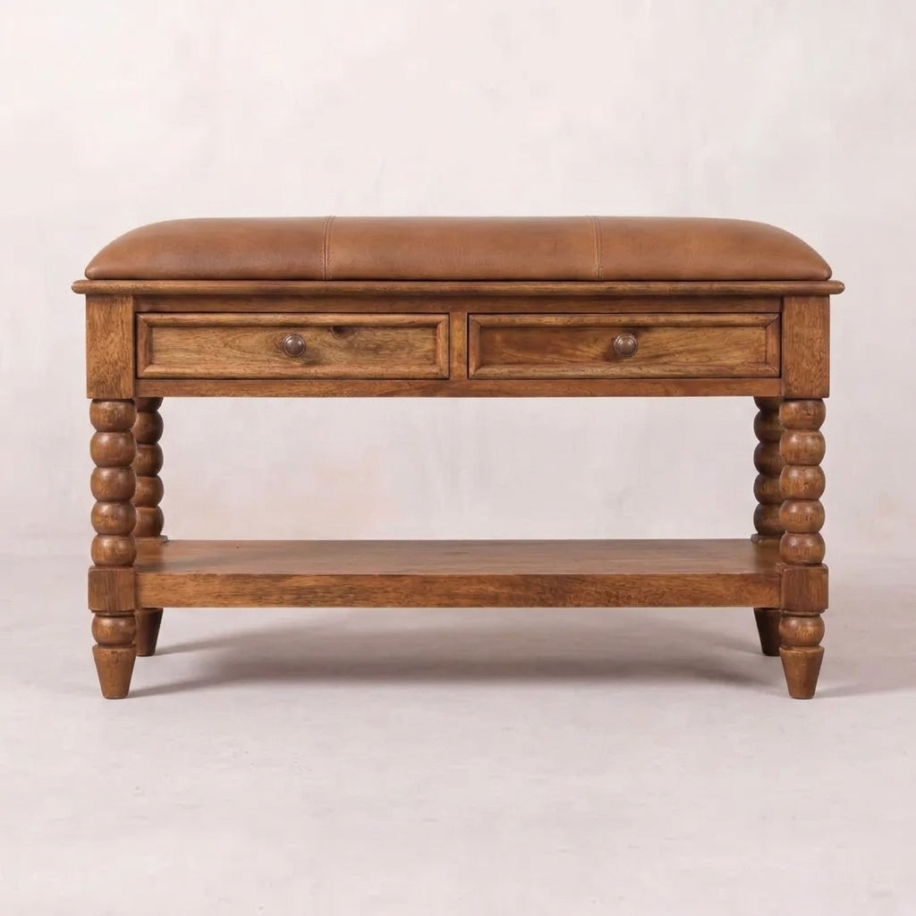 Solid Wood Amber Oak Leather Bench