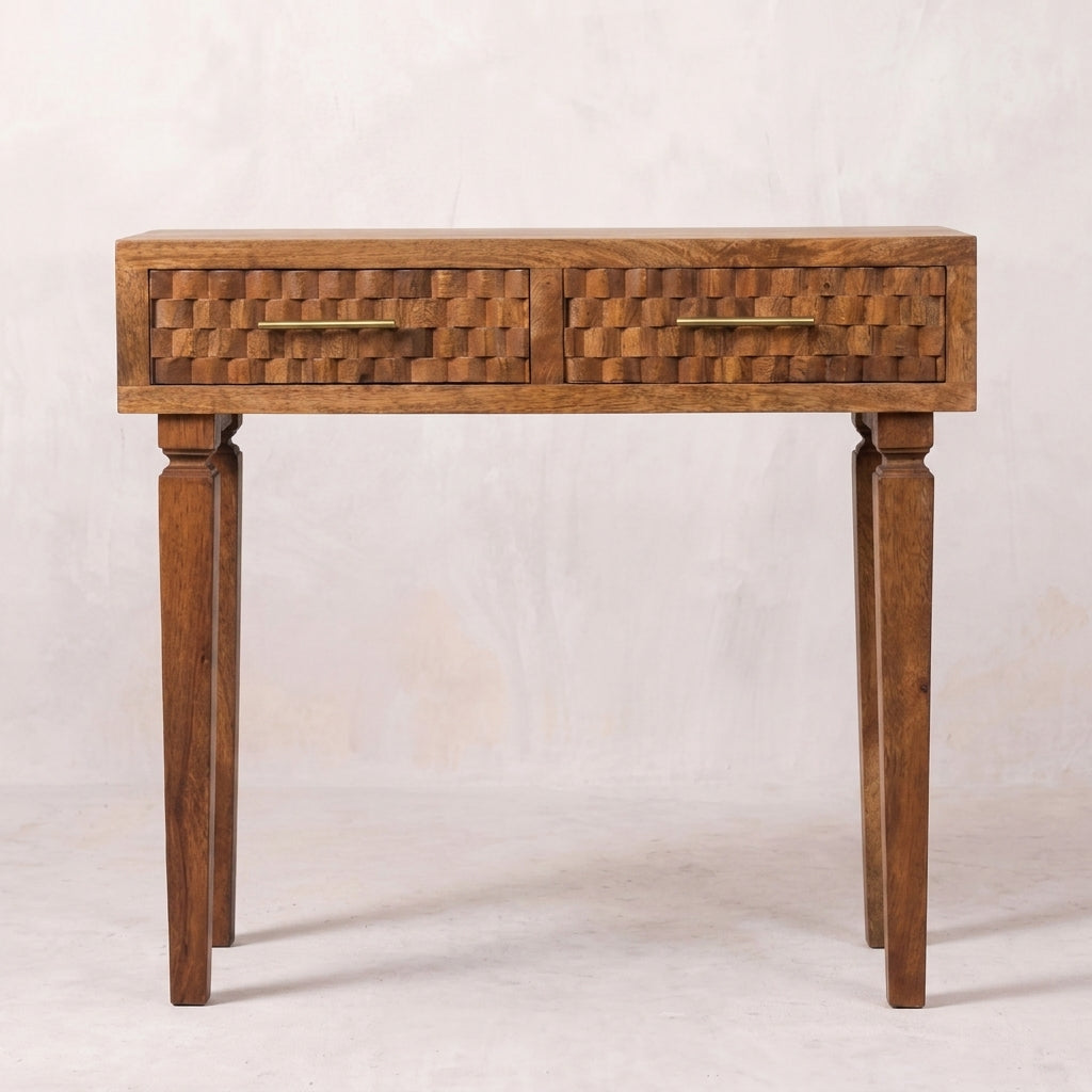 Solid Wood Golden Teak Carved Twin-Drawer Console