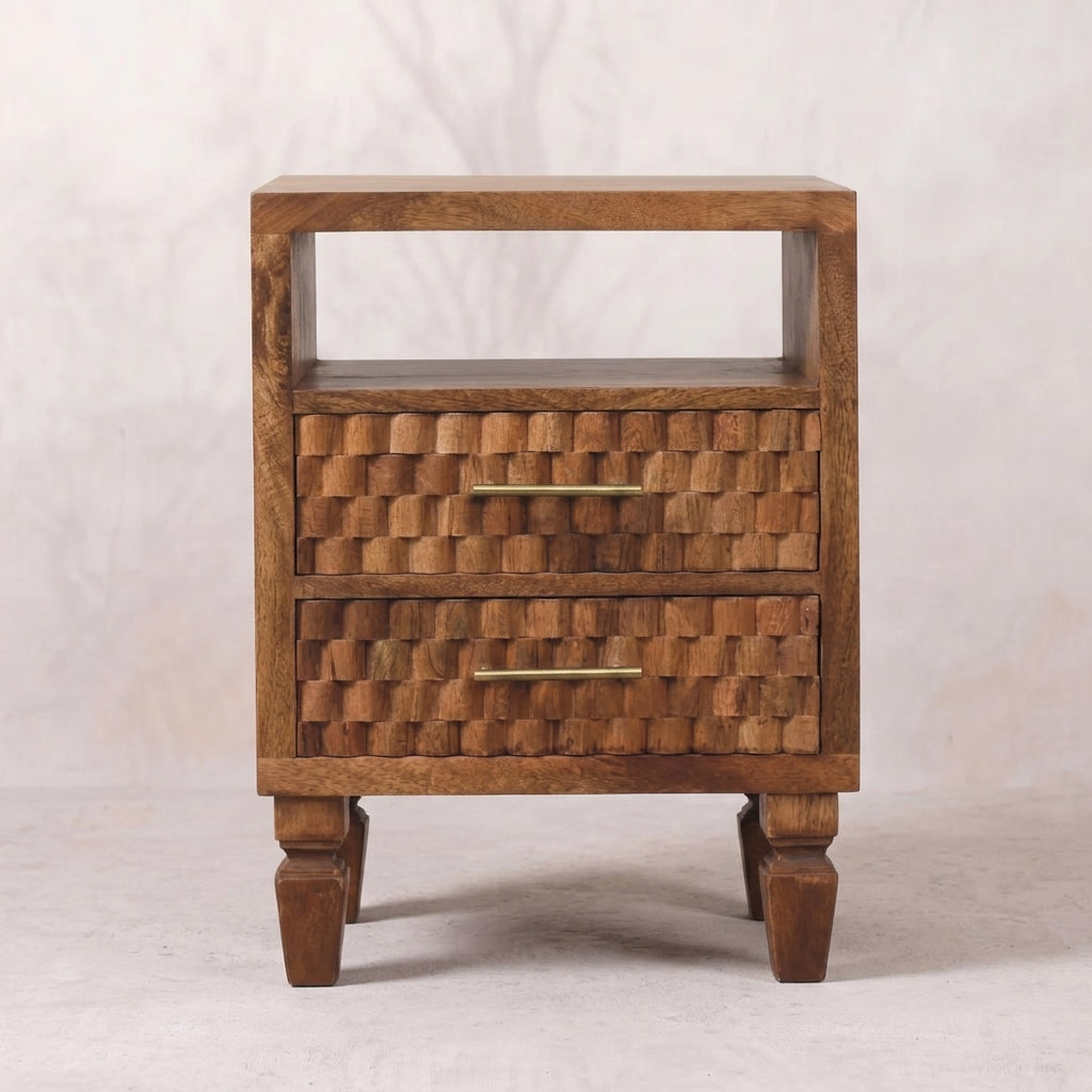Solid Wood Golden Teak Carved Open-Shelf Bedside